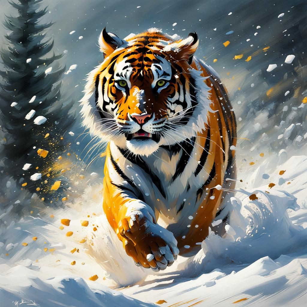 Tiger Running Through Snow in Detailed Matte Painting