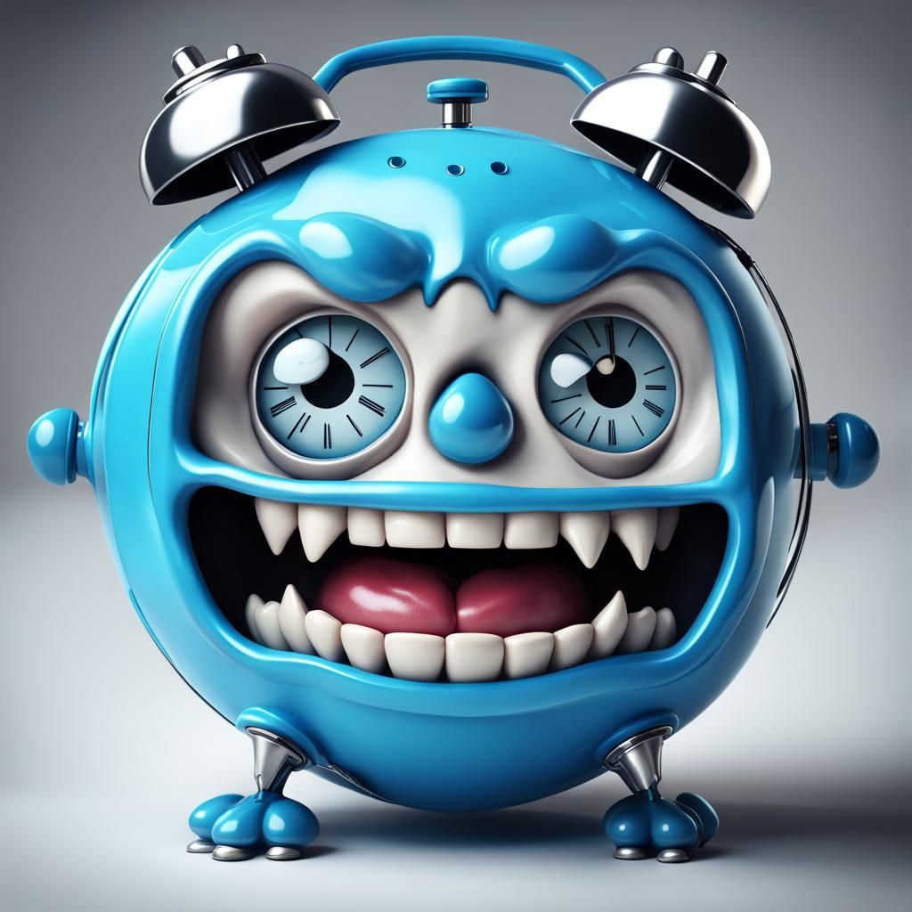A 3dhd  blue alarm clock with a smiling funny little monster...