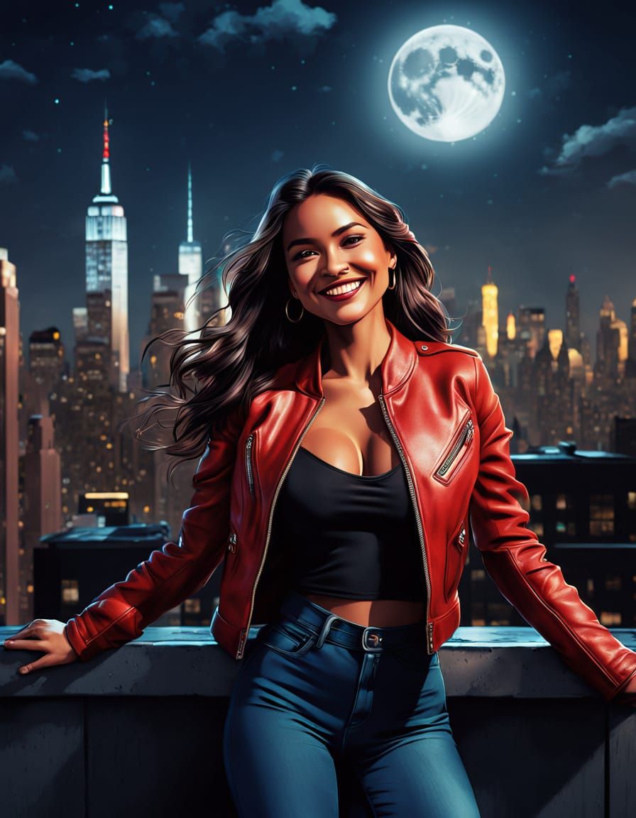 Indigenous Woman Smiles Under Full Moon in NYC Skyline