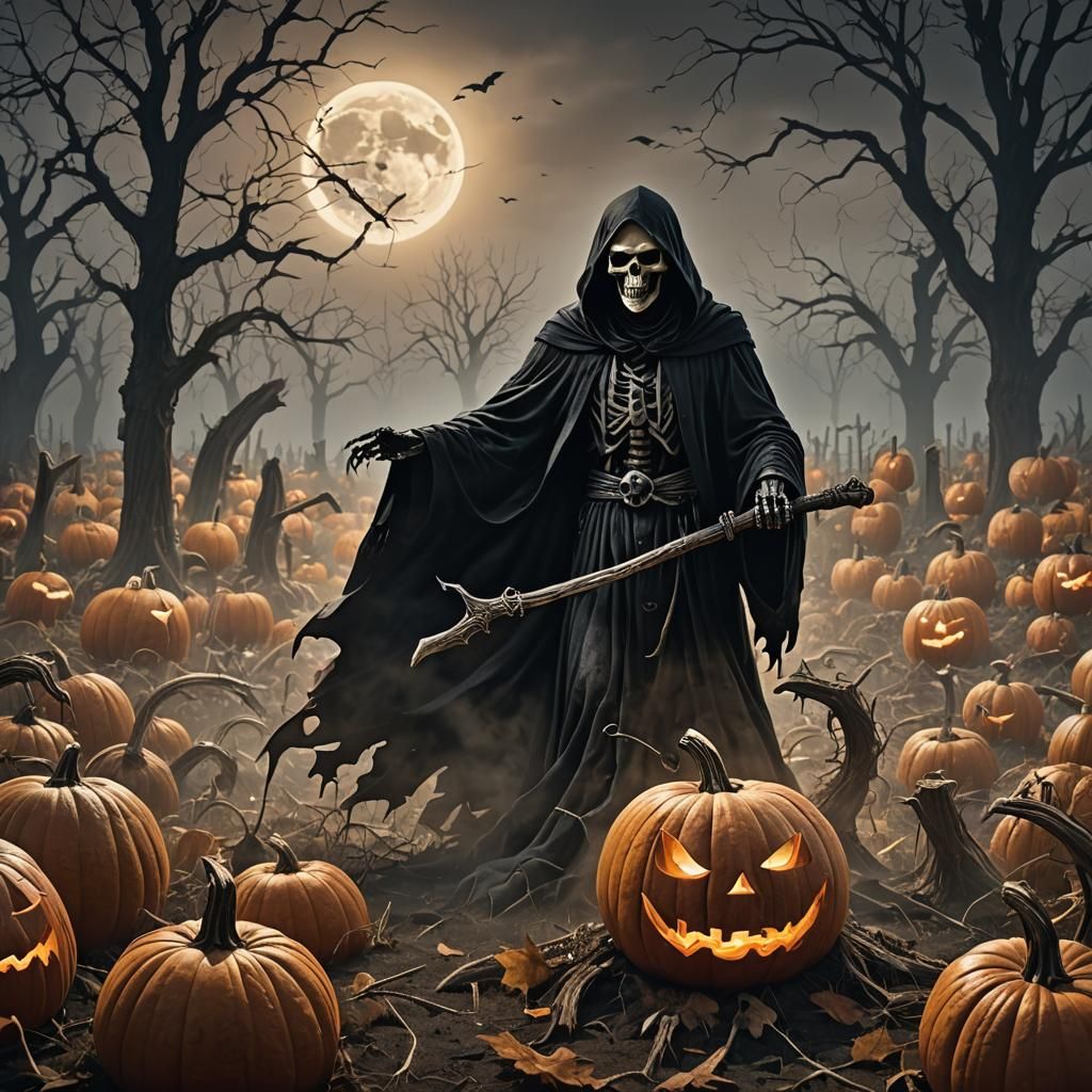 Towering Grim Reaper in Field of Screaming Pumpkins