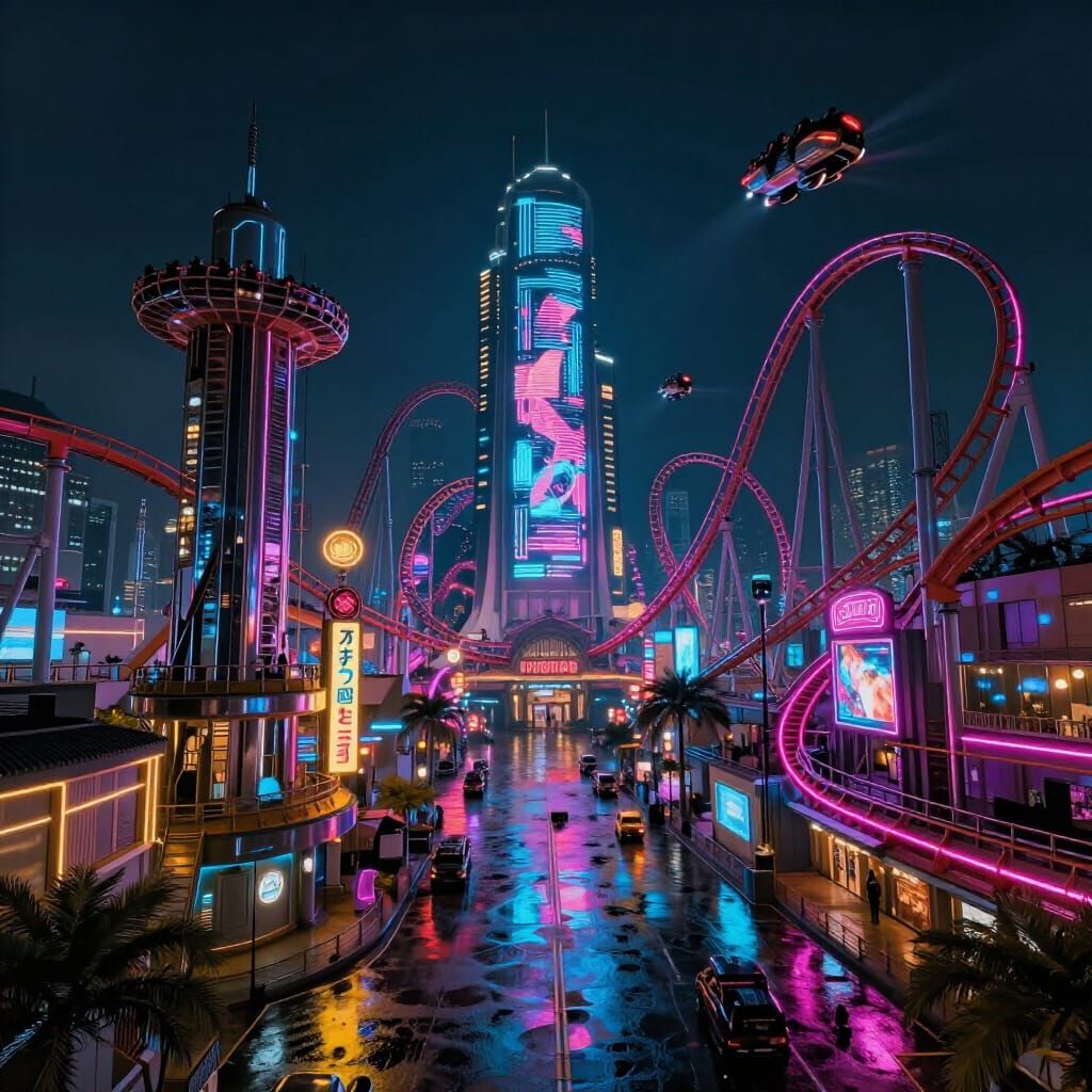 Futuristic Cyberpunk Theme Park at Night