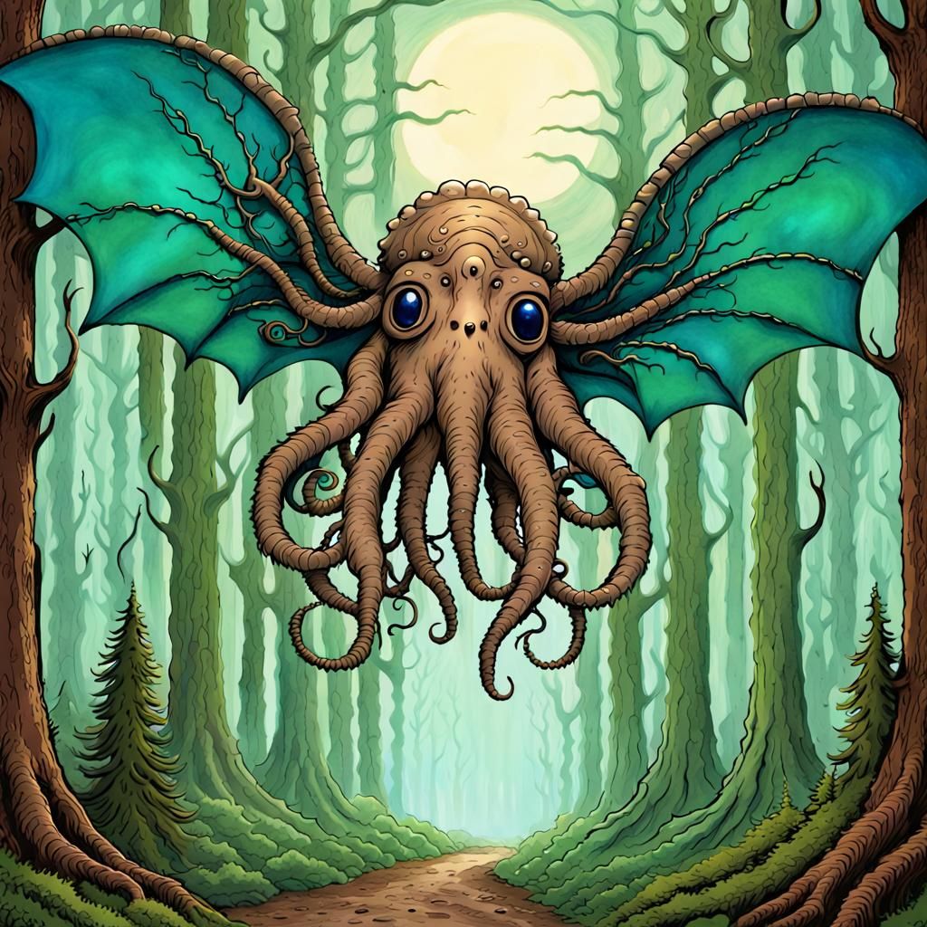 Cute Bigender Shub-Niggurath Flies Over Forest