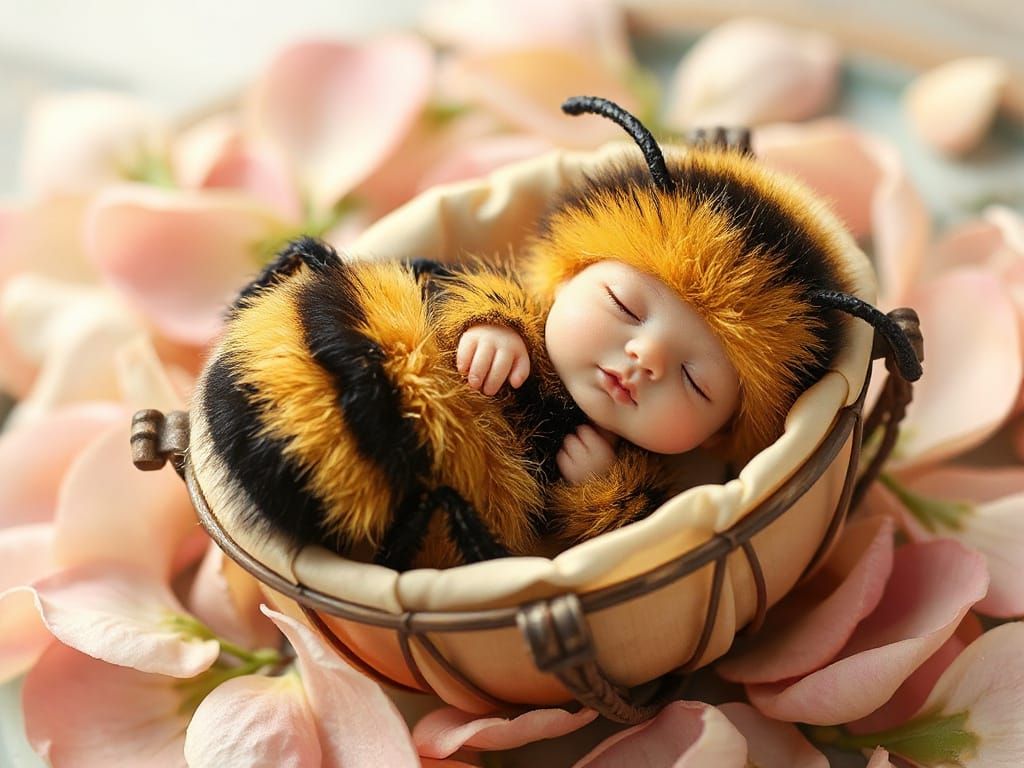 Sleeping Bumblebee in Flower Cradle, Storybook Style
