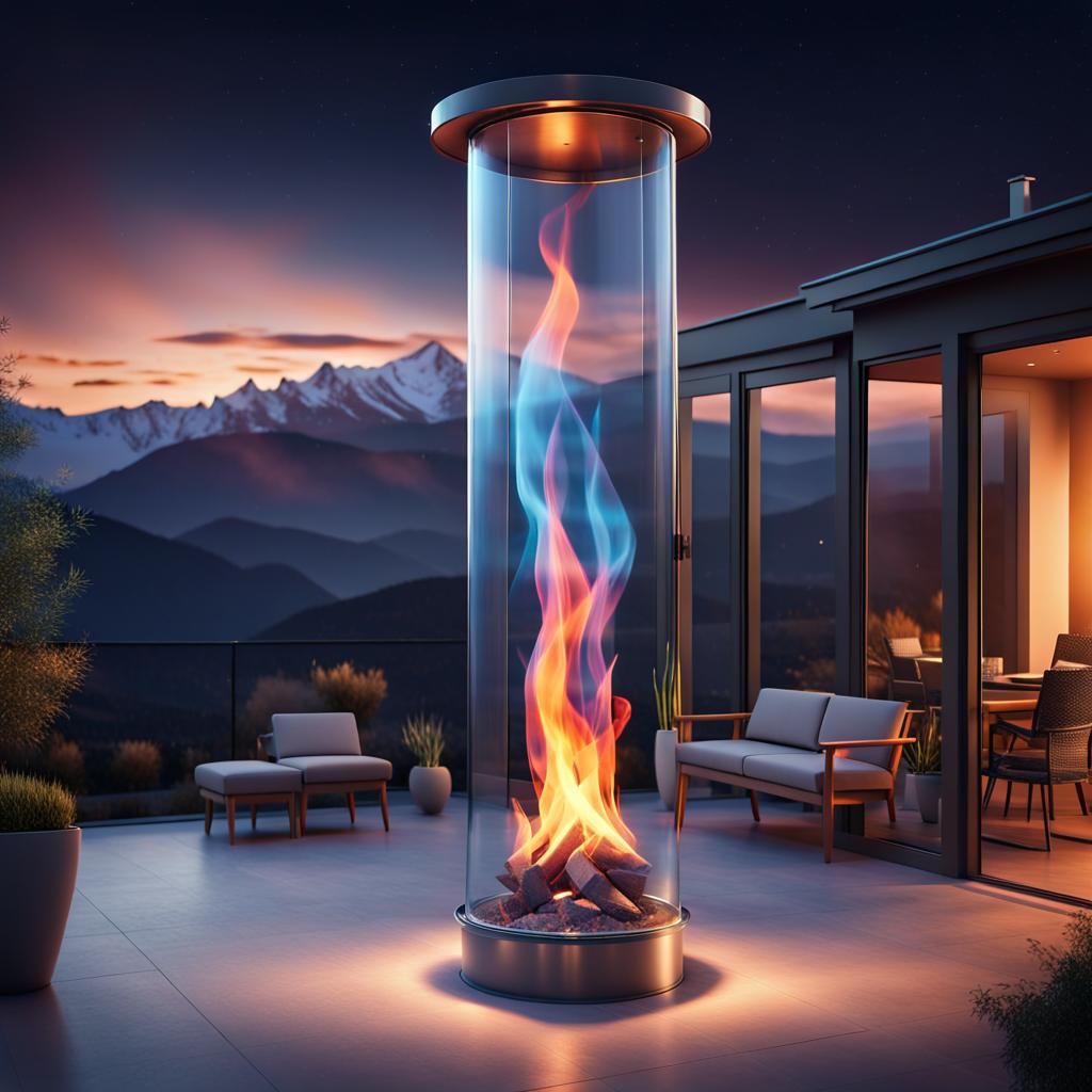 Modern Patio Fireplace with Mountain View