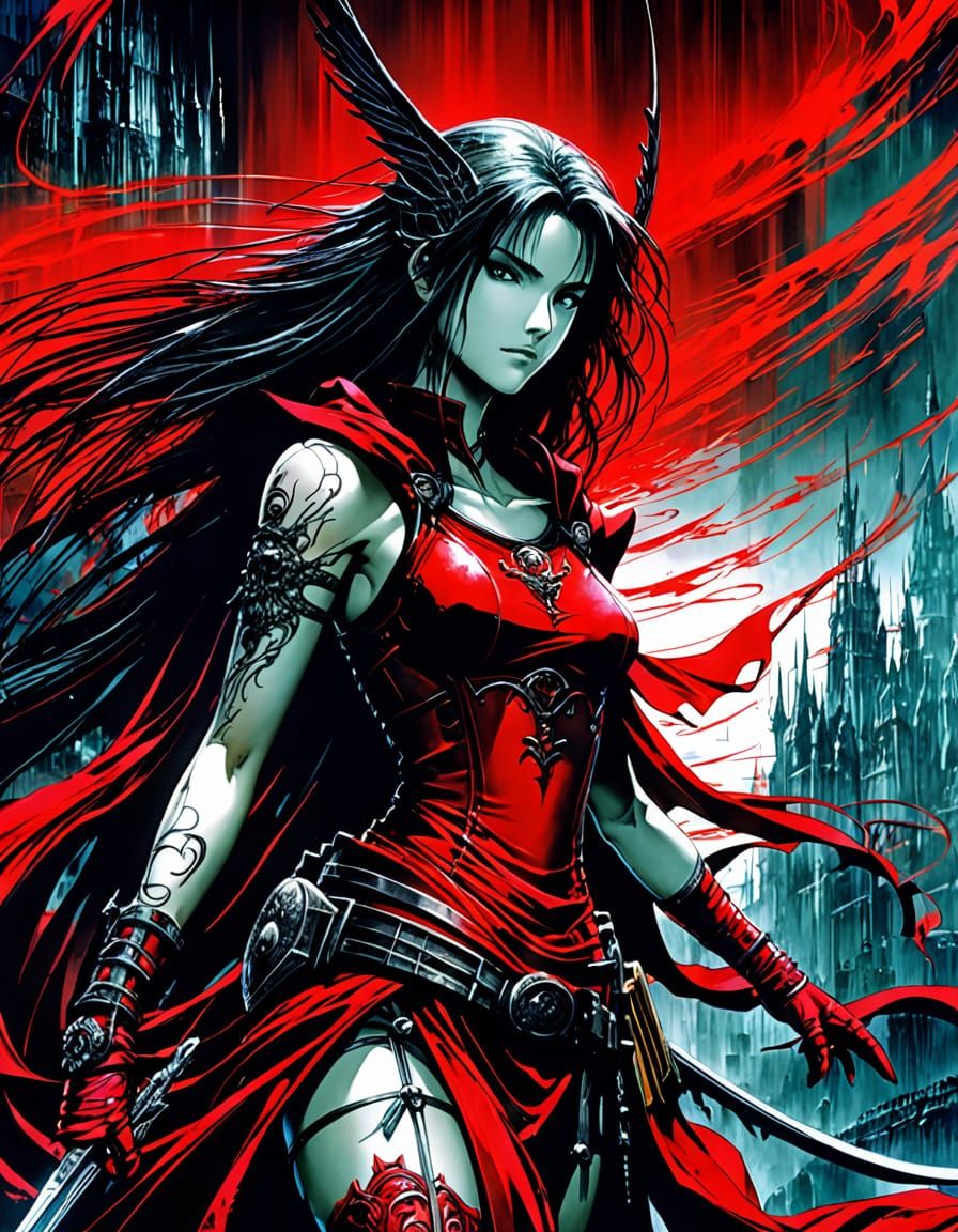 Crimson Beauty in Cel-Shaded Manga Anime Style