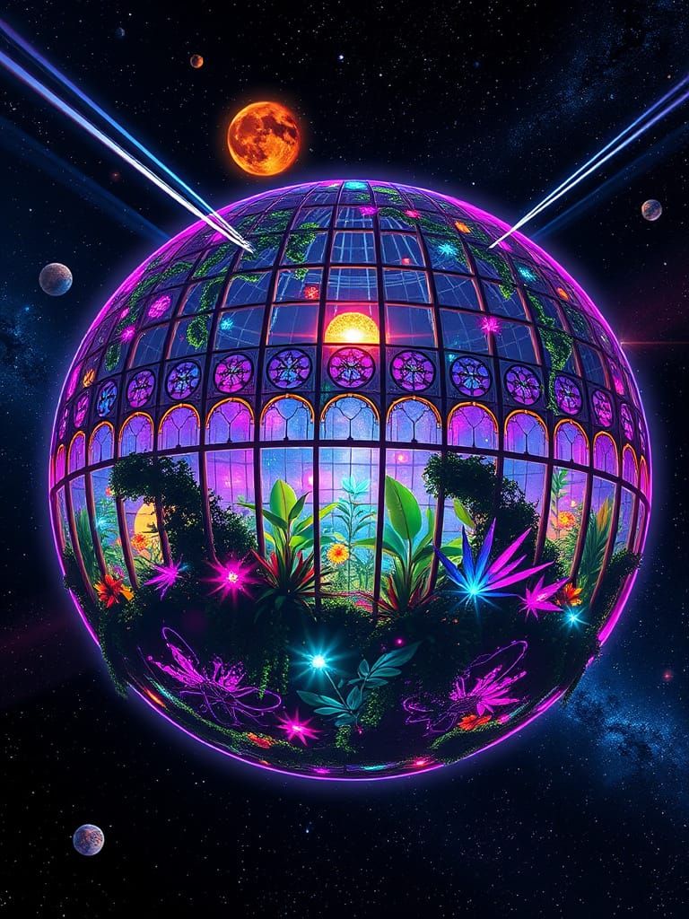 Surreal Neon Greenhouse Orbital Amidst Cosmic Galaxies