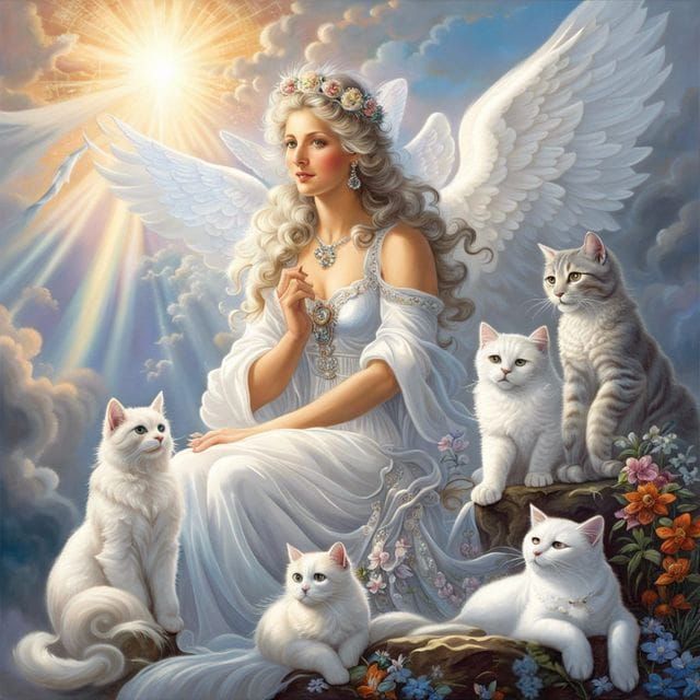 A beautiful happy angel sitting on top of lacey clouds surrounded by a group of detailed Beautiful white and silver cat...