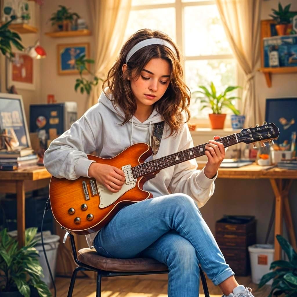 Teenage Girl Rocks Out on Electric Guitar