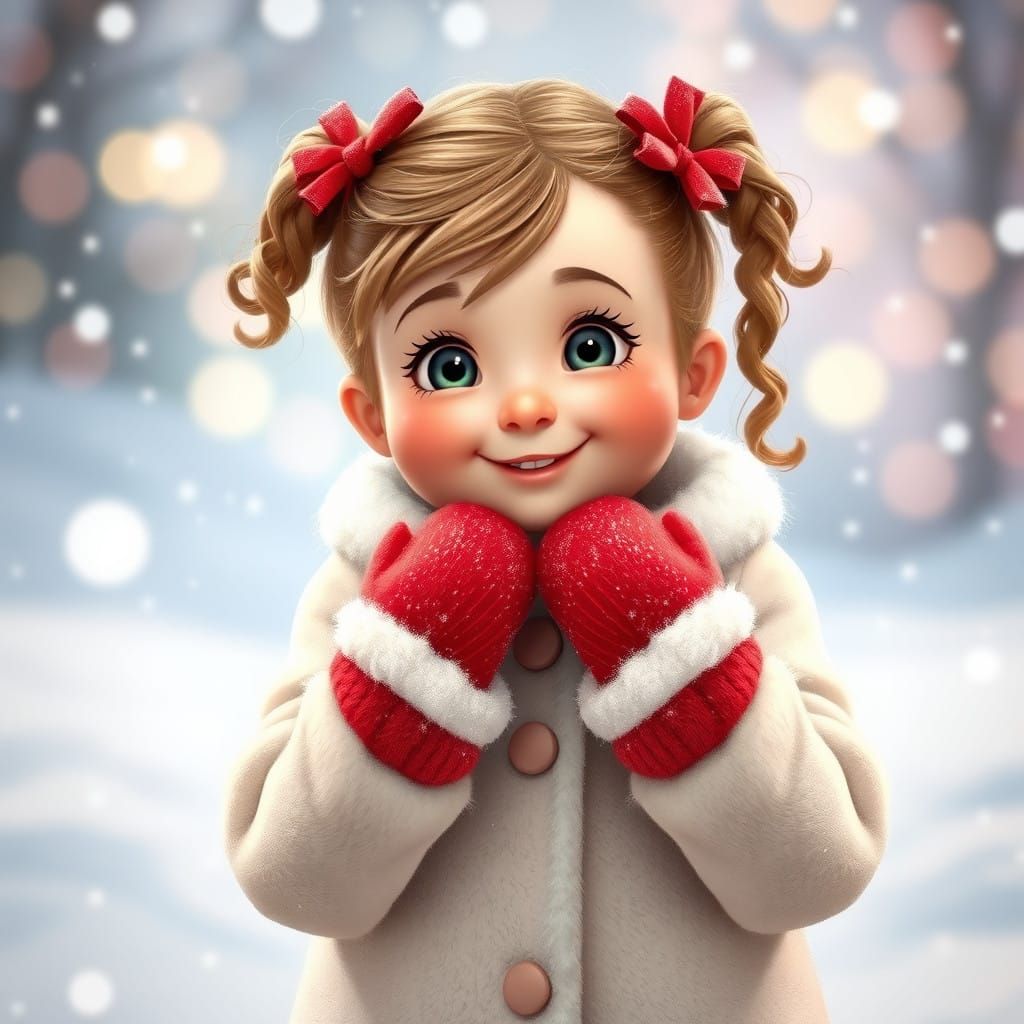 Whimsical Winter Wonderland Girl in Bright Red Boots and Mit...