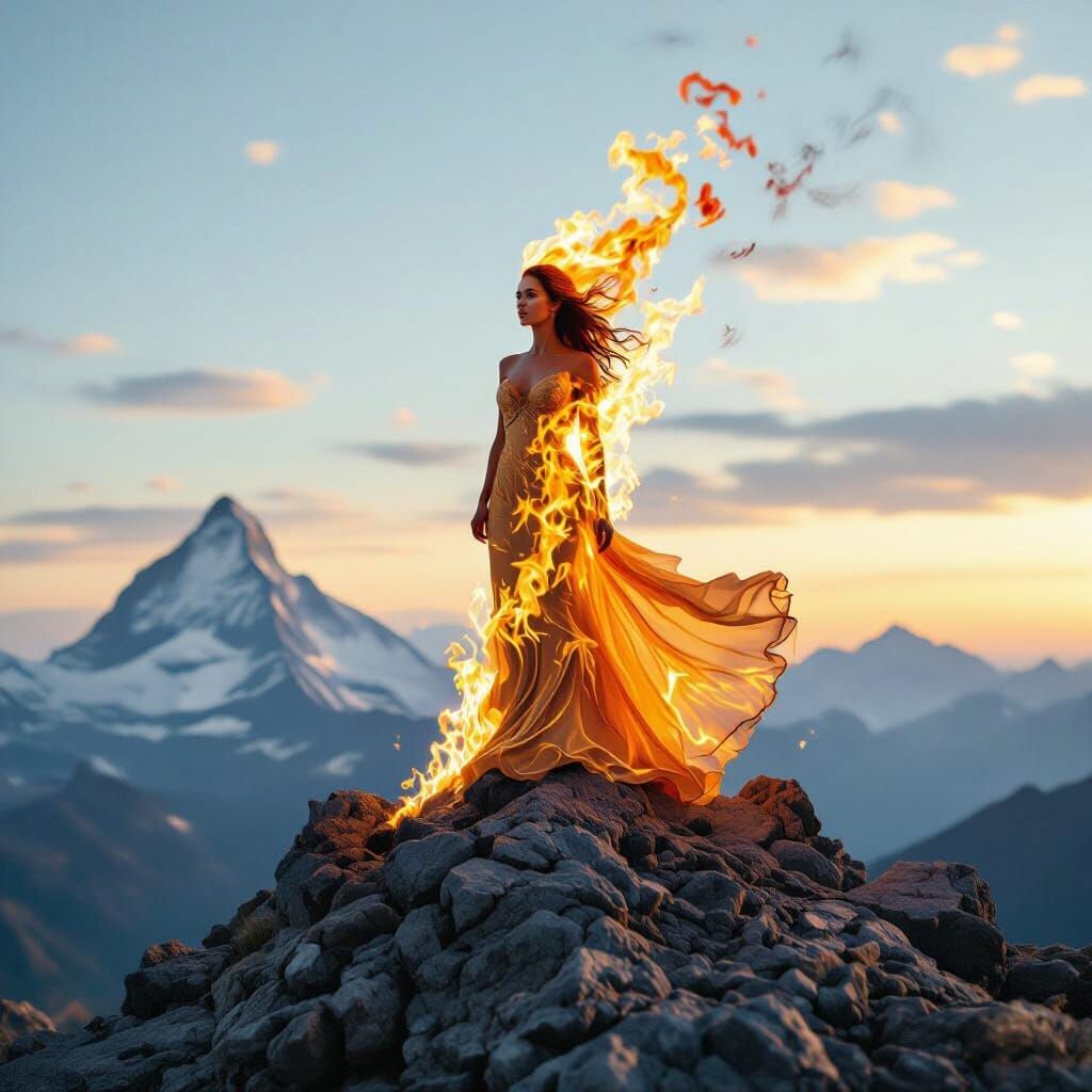 Fiery Woman Portrait on Mountain in 4K