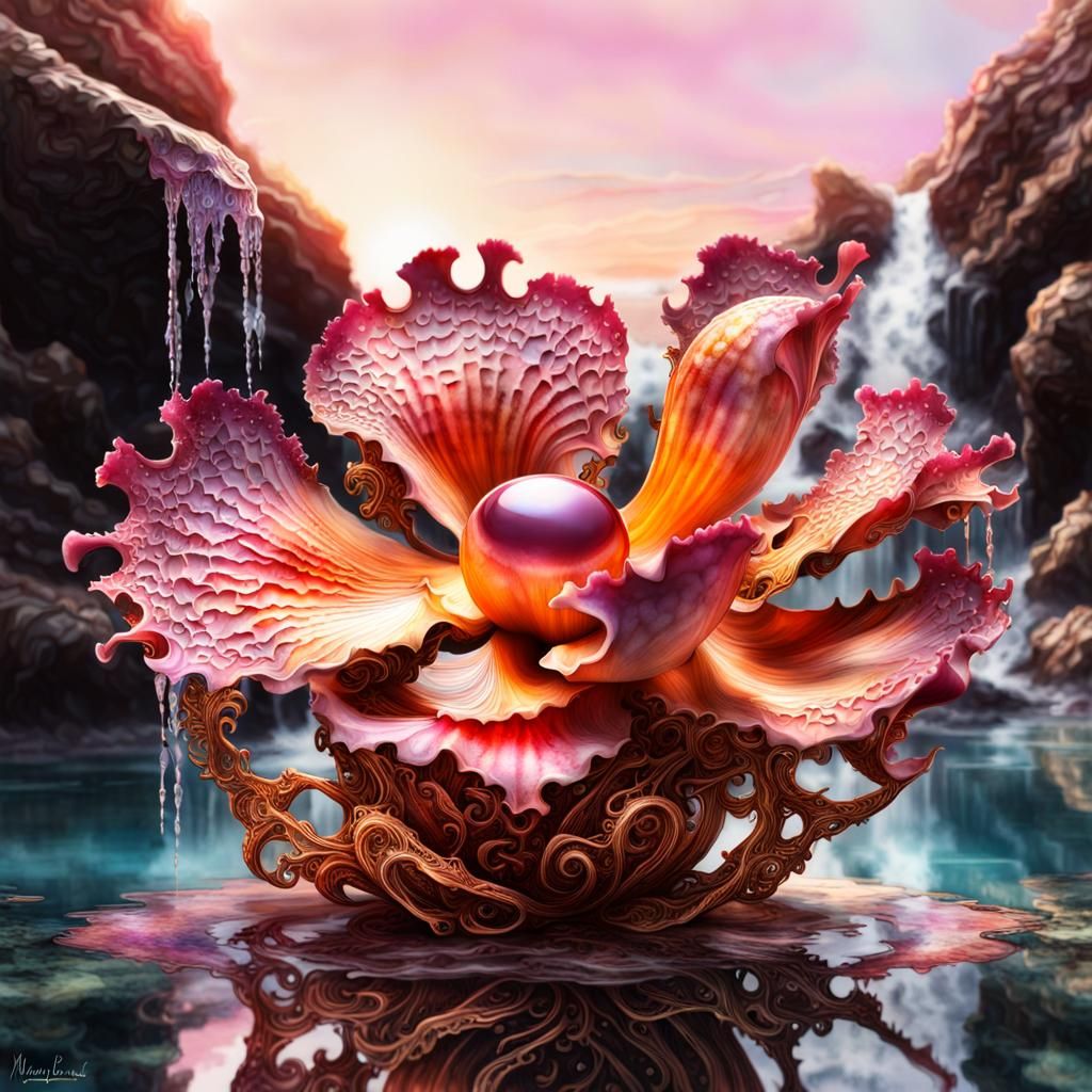 Surreal 3D Orchid Shell Waterfalls in Watercolor Style
