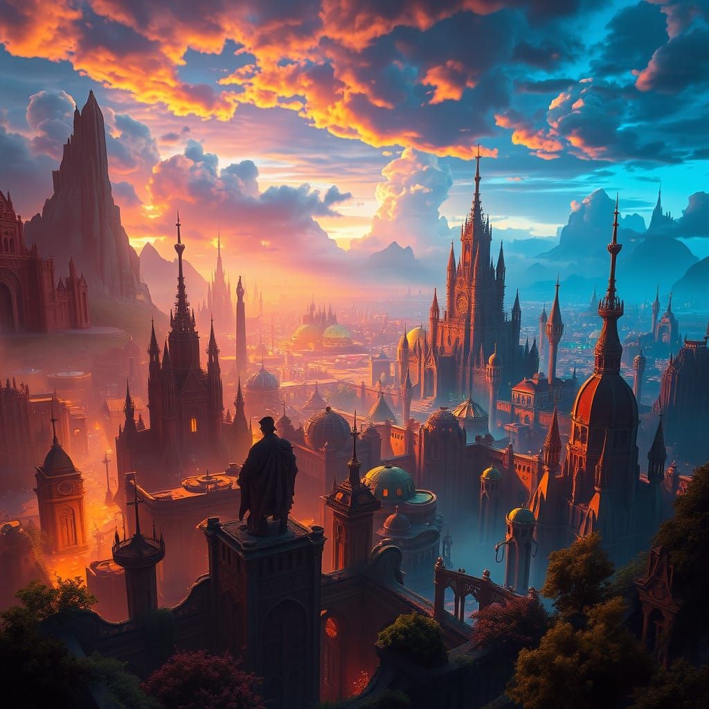 Enchanted Cityscape in Vibrant, Mystical Realms
