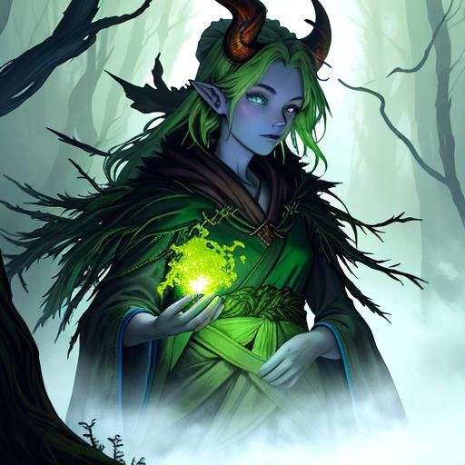 Blue Tiefling Druid in Mystic Forest