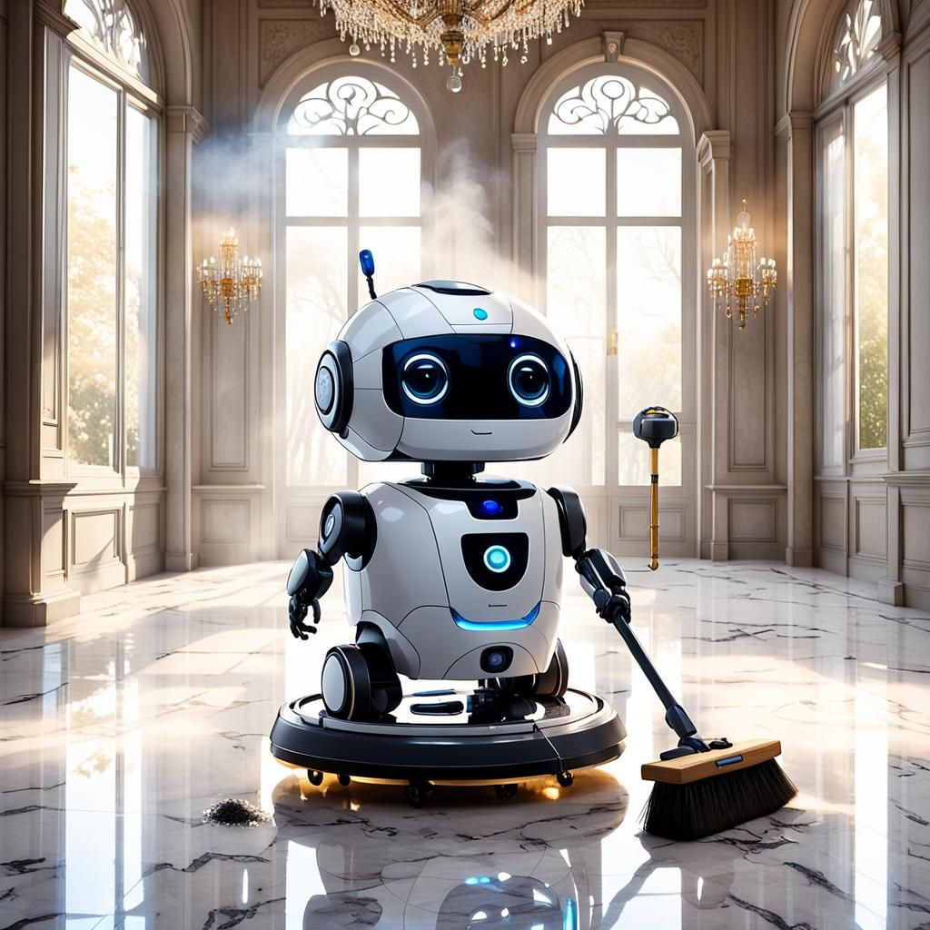 Adorable Cleaning Robot Sweeping Mansion, 3D Digital Art