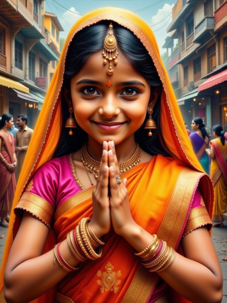 Indian Girl's Hands in Namaste Gesture, Impasto Style