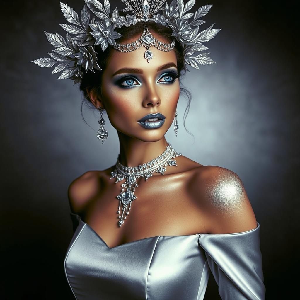 Elegant Woman in Silver Makeup and Leaf Crown