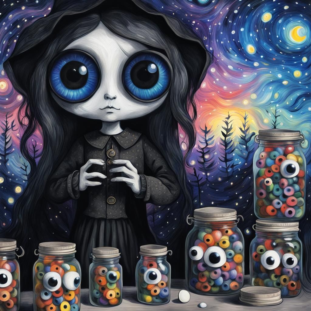 Gothic Creature with Googly Eyes in Van Gogh Style