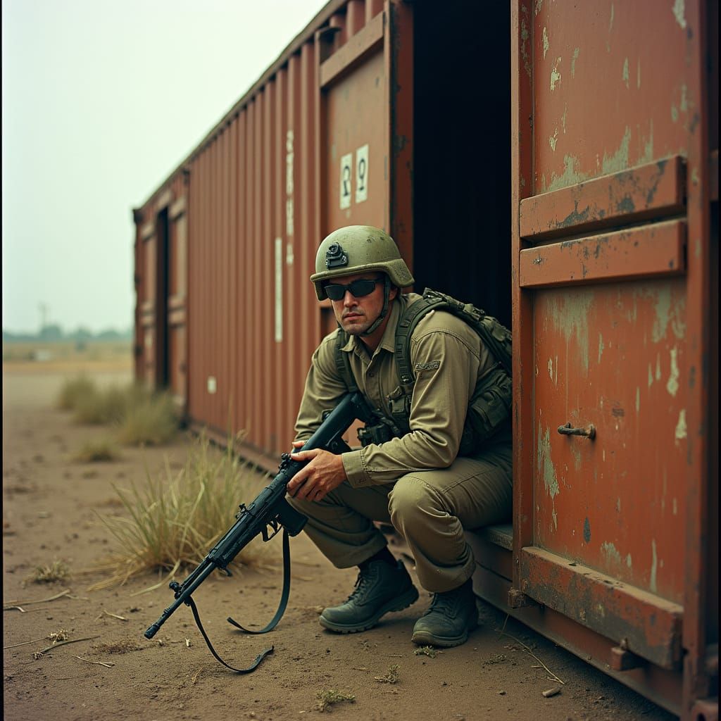Battle-Scarred Soldier in Desolate Landscape