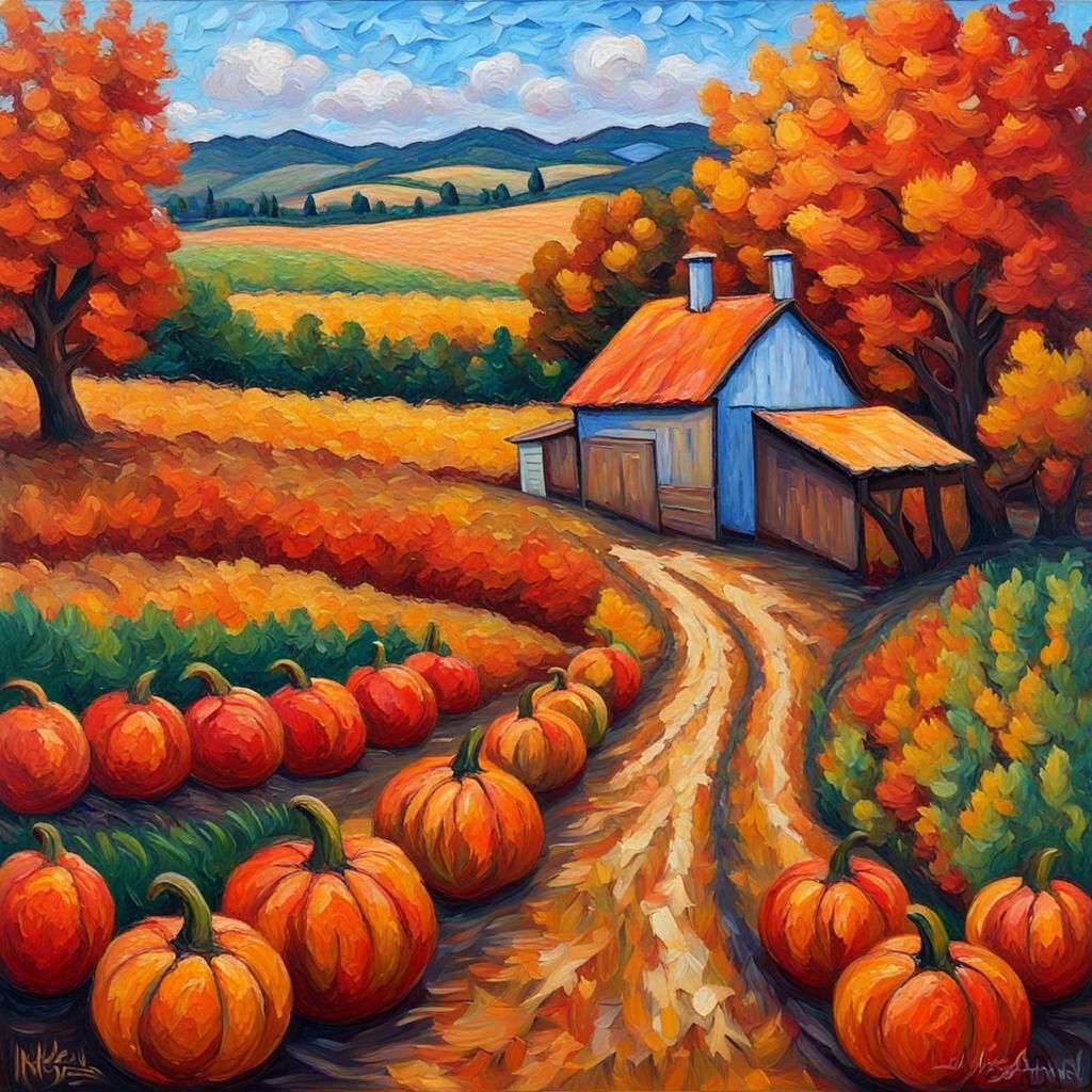 Fall Harvest: Neo-Impressionist Oil Painting