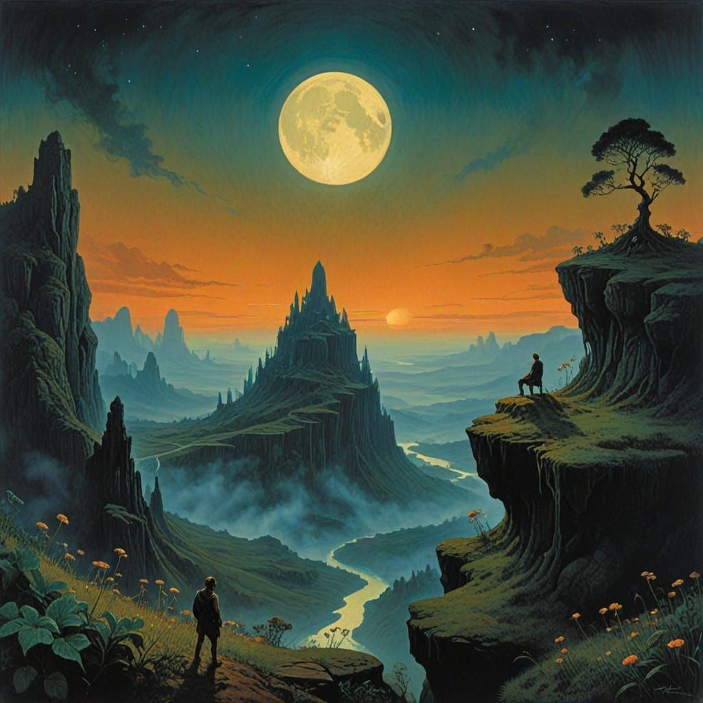 Lone Traveler on Alien Precipice Under Twin Moons