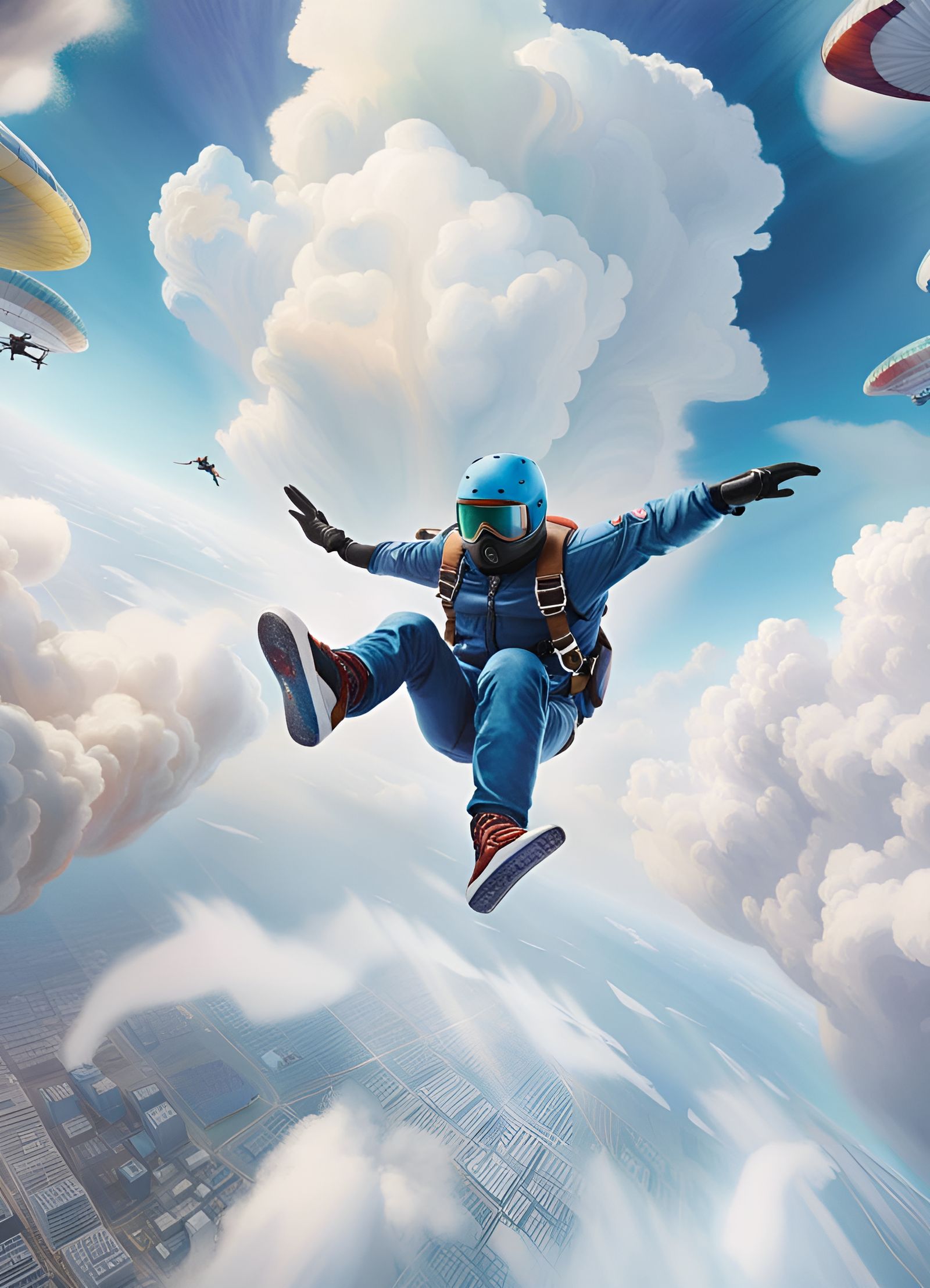 Skater Skydiving Among Clouds in Watercolor Style