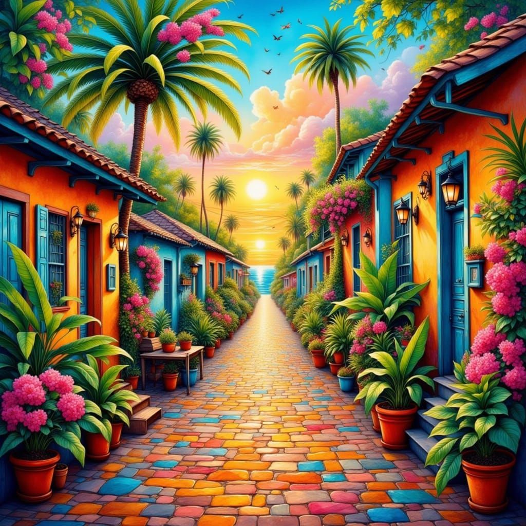 Vibrant Jamaican Village Street in Neo-Impressionist Style