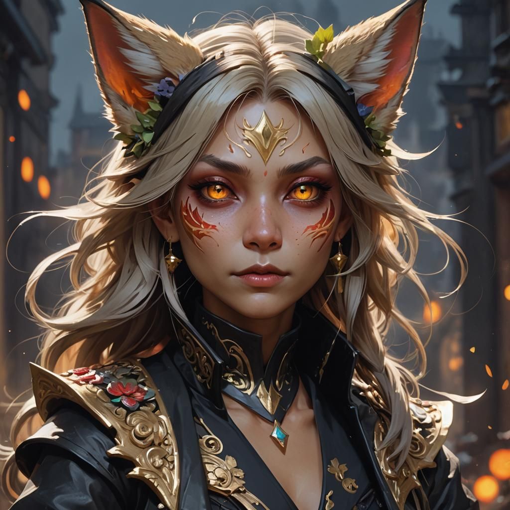 Kitsune Goblin Princess Portrait in Art Nouveau Style