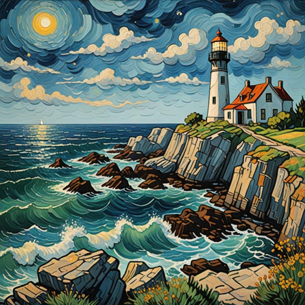 Whimsical Coastal Scene in Vibrant Post-Impressionist Style