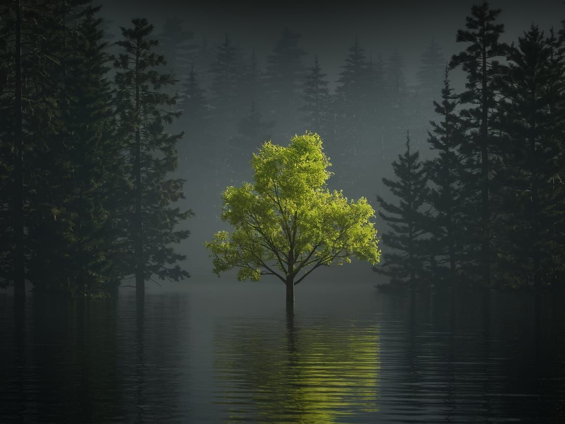 Solitary Tree in Lake: Hyper-Realistic Nature Photography