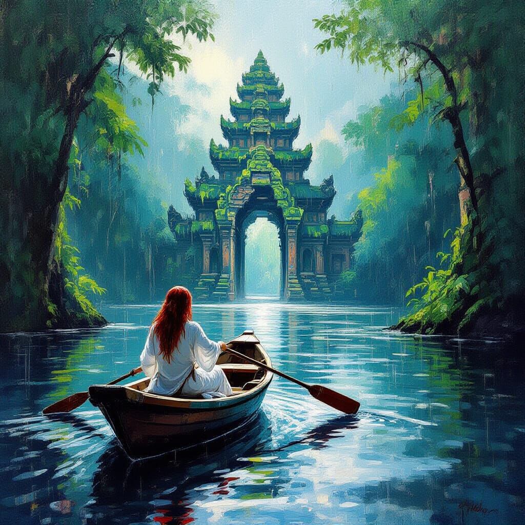 Redhead Woman Rows to Ancient Pagoda in Amazon Downpour