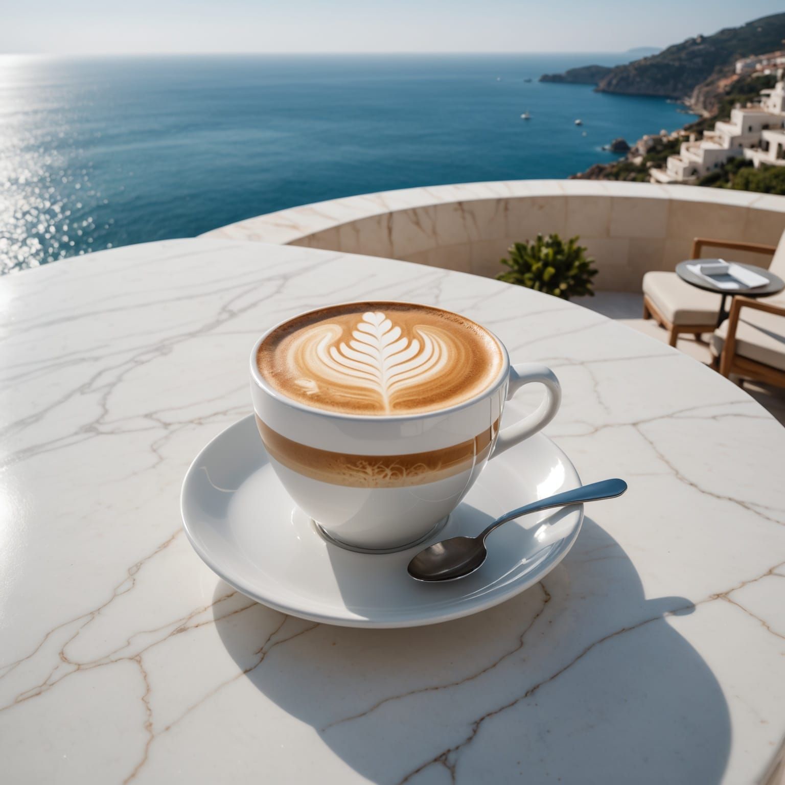 Cappuccino With Latte Art Overlooking Mediterranean Sea