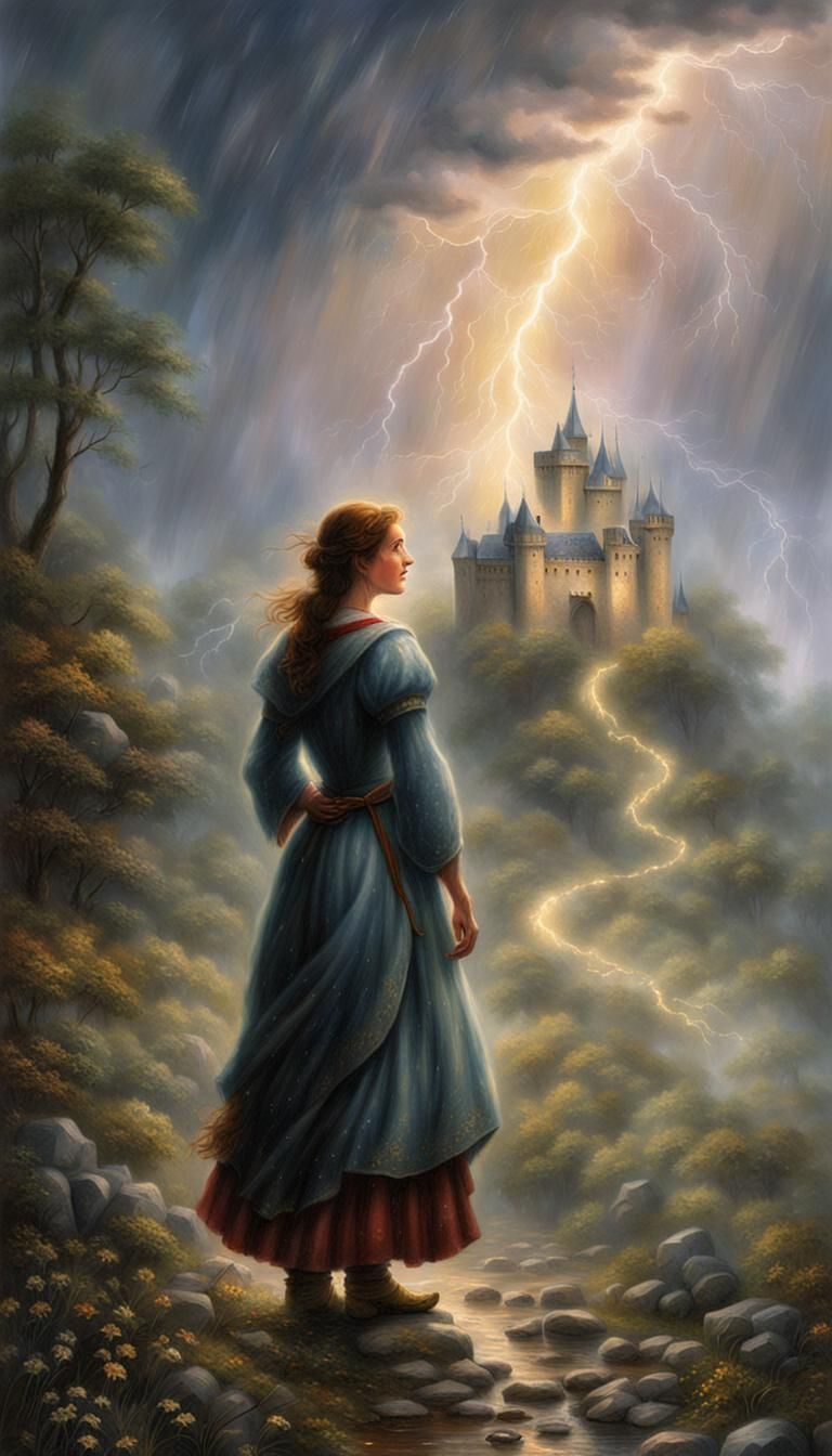 Peasant Woman in Lightning Storm: Ethereal Fantasy Art
