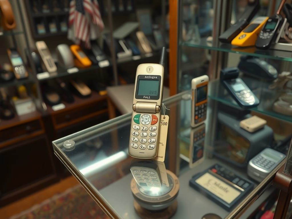 Vintage Flip Phones on Display in a Curio Shop