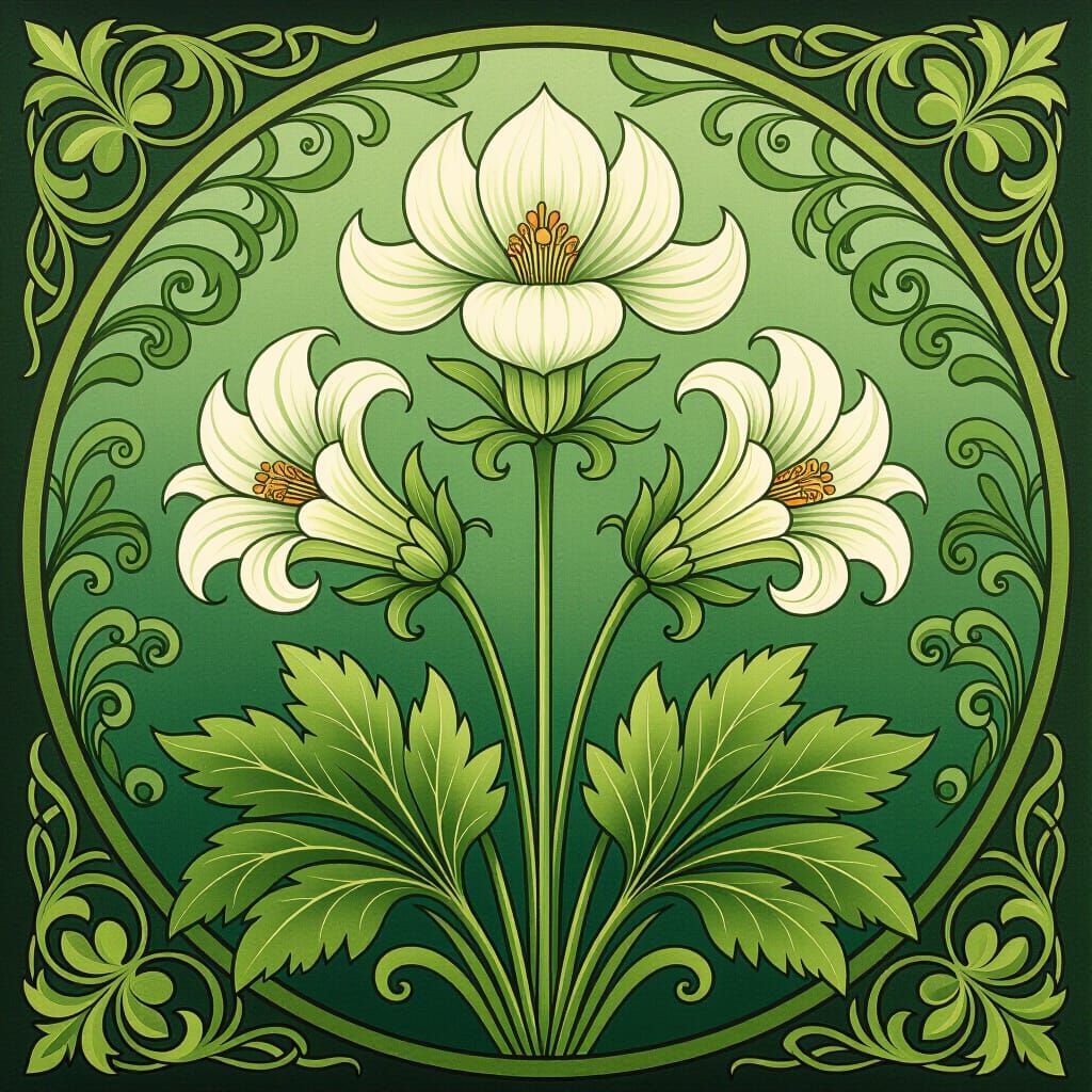 Green Botanical Art Nouveau Painting