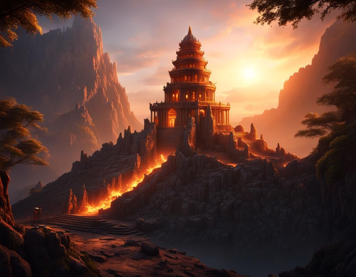 Mountain Temple with Fire and Ruins