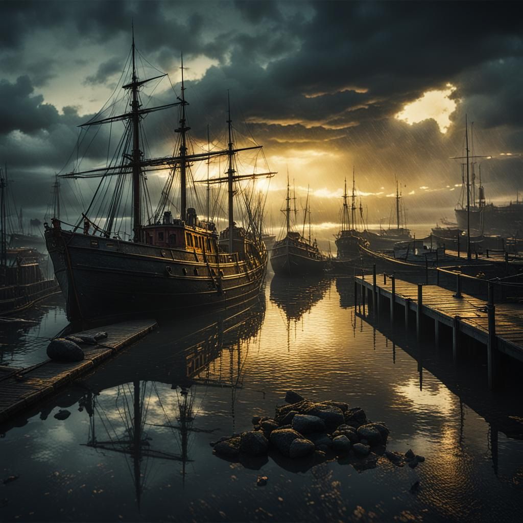 Dramatic Golden Hour Harbour Scene with Volumetric Lighting