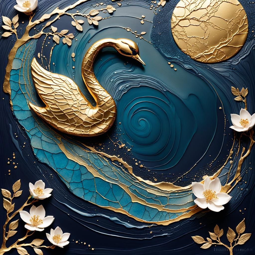 Kintsugi Golden Swan in Watercolor Style