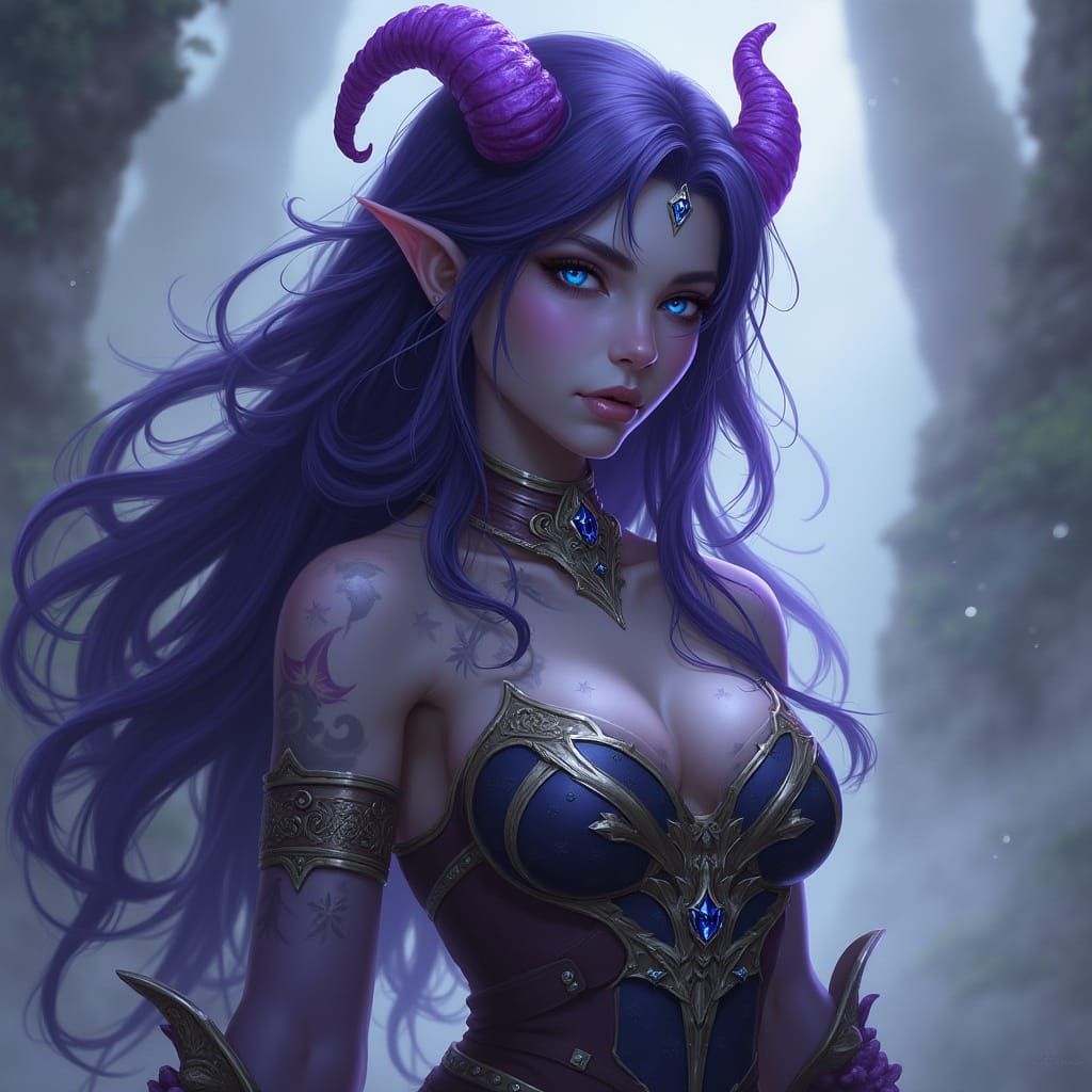 Whimsical Tiefling Barbarian in Enchanted Mist