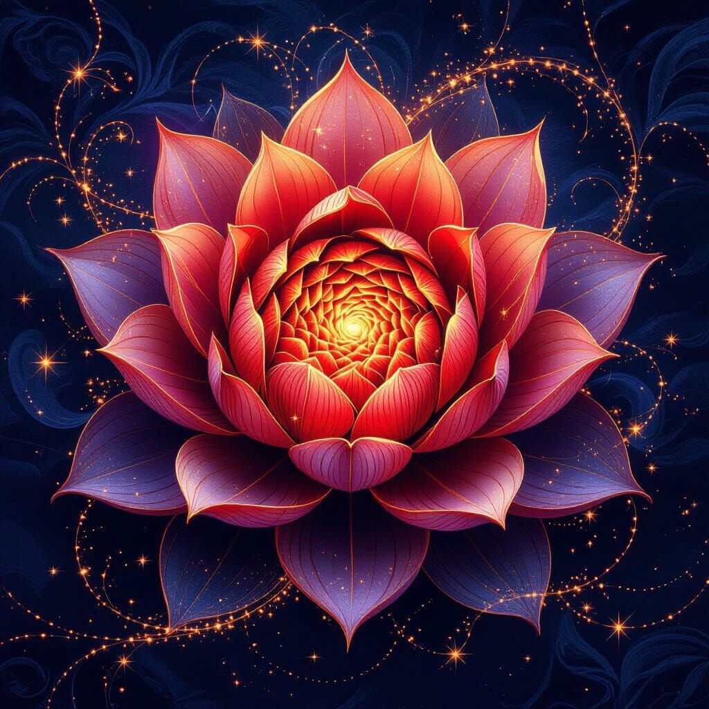 Luminous Red-Gold Lotus Spiral on Midnight Blue