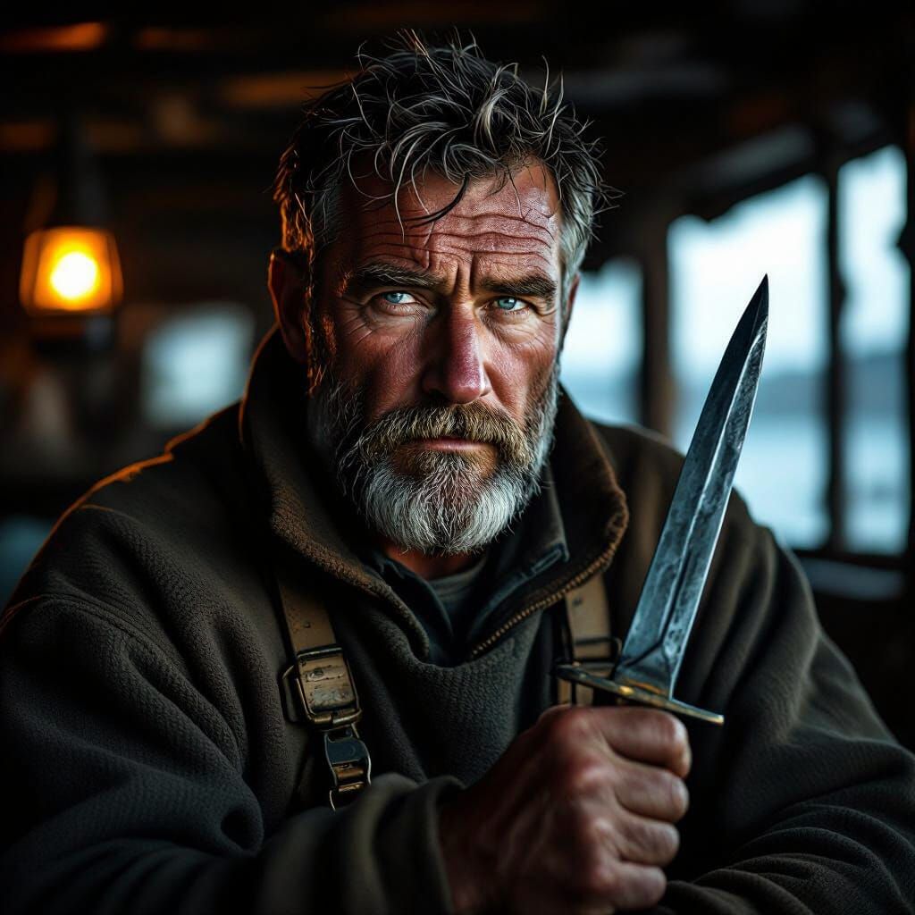 Moody Fisherman Portrait with Lantern and Dagger