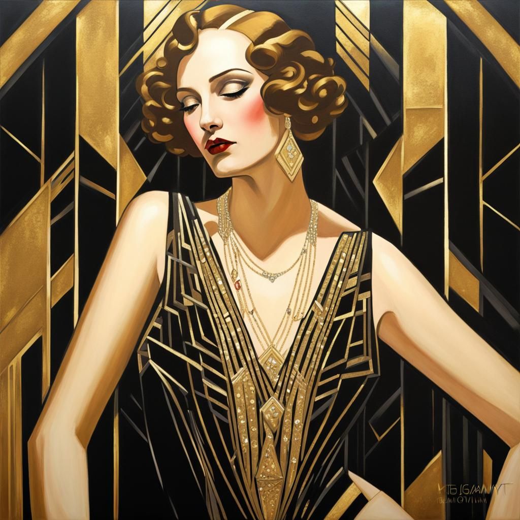 Golden Art Deco Goddess in Black Gown