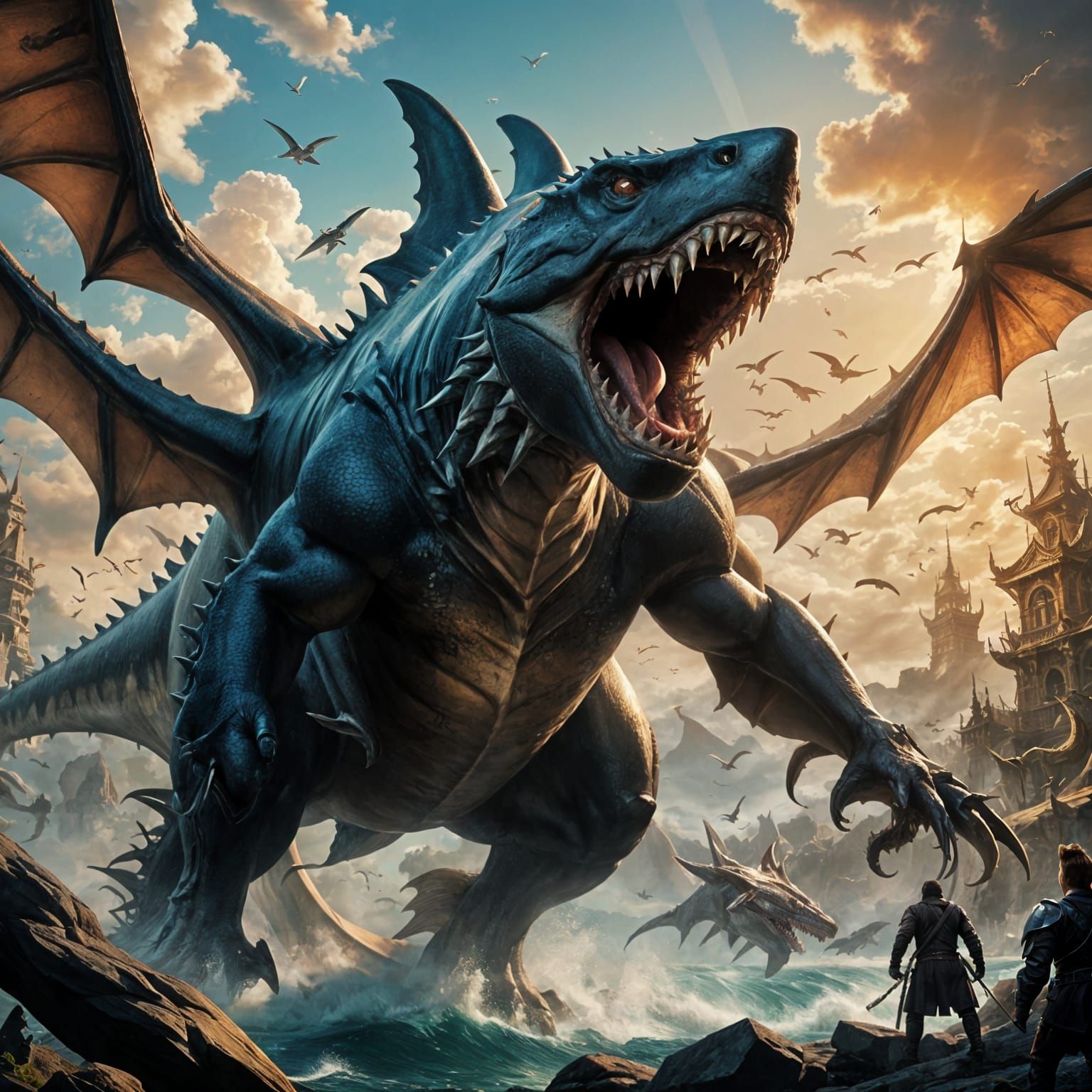 Epic Shark Battles a Majestic Dragon in the Skies