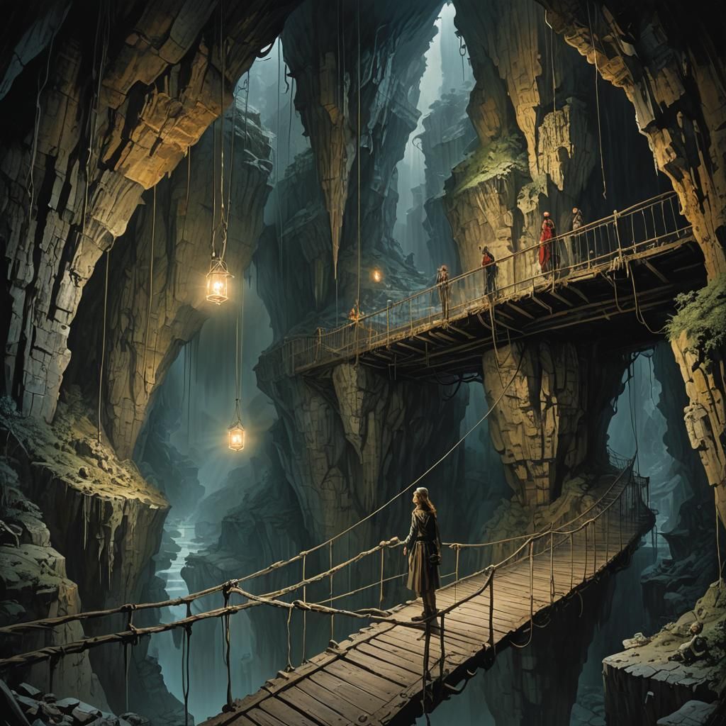 Woman on Hanging Bridge in Deep Cave: Matte Painting