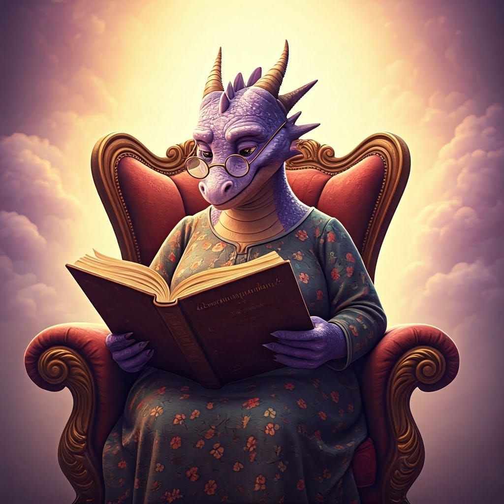 Gentle Lavender Dragon Grandmother Reading a Book