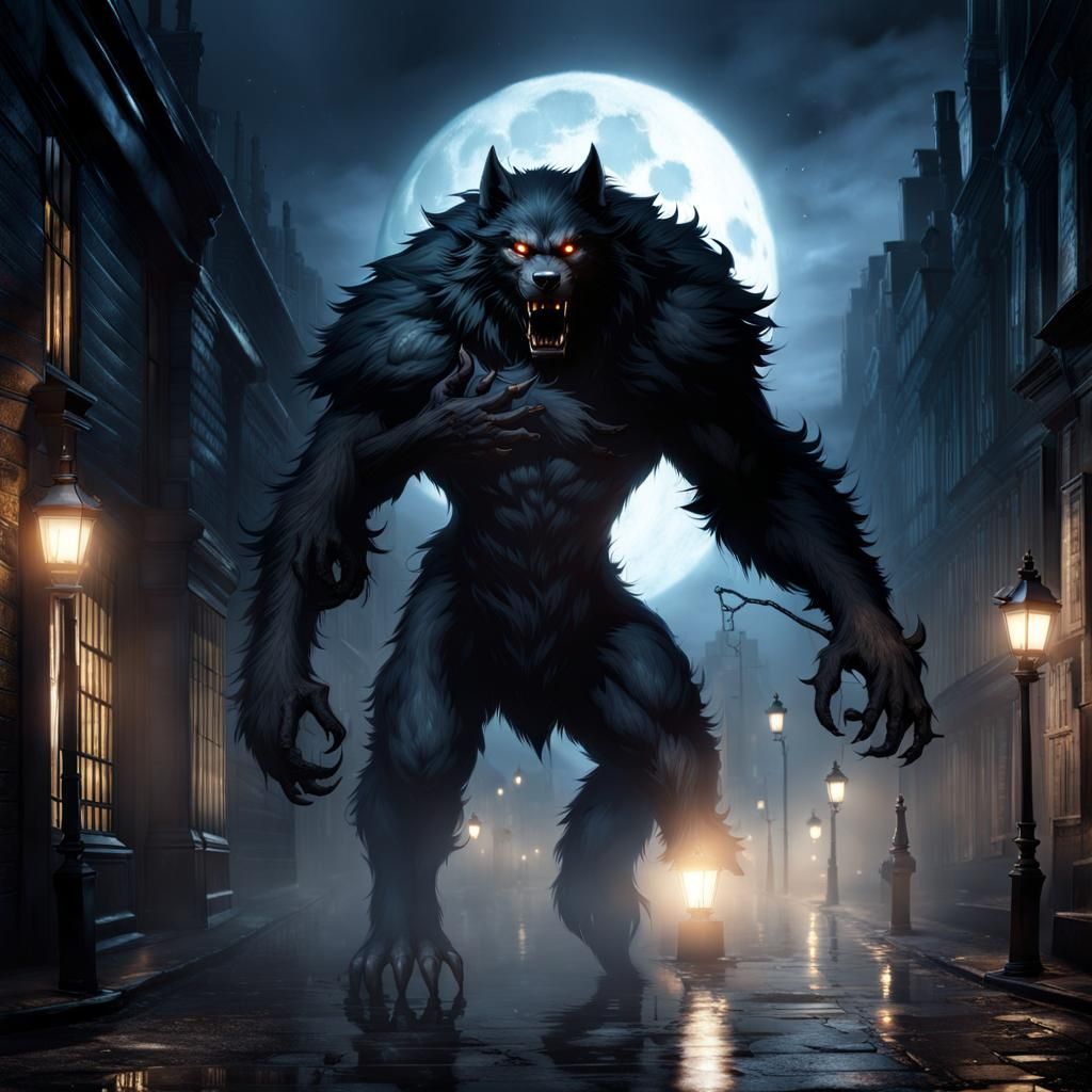 Creepy Werewolf in Foggy London, Horror Art