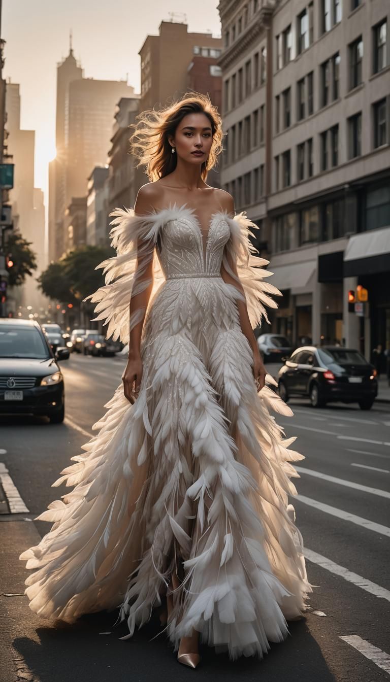 Woman in White Feather and Tulle Dress