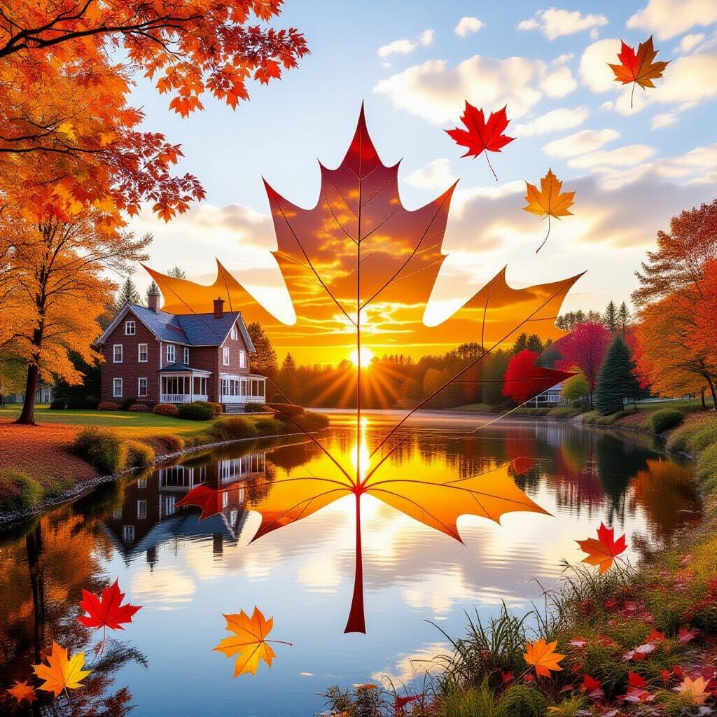 Autumn Landscape Blended into a Realistic Maple Leaf