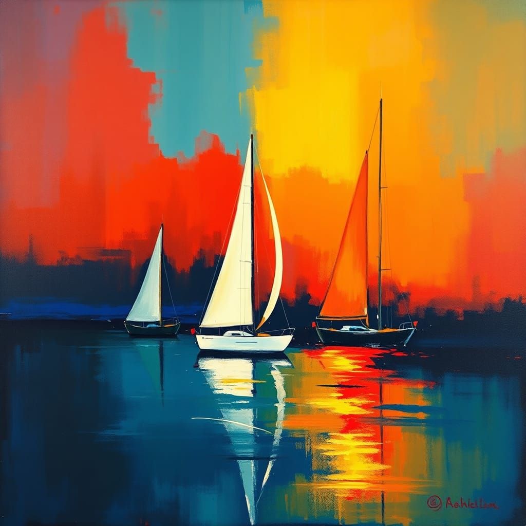 Sailboats in Abstract Minimalism with Neon Accents