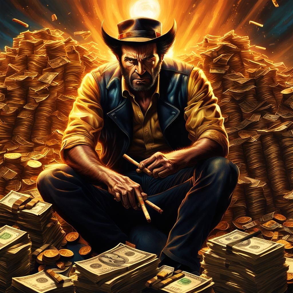 Furious Wolverine Smoking Cigar with Money Background