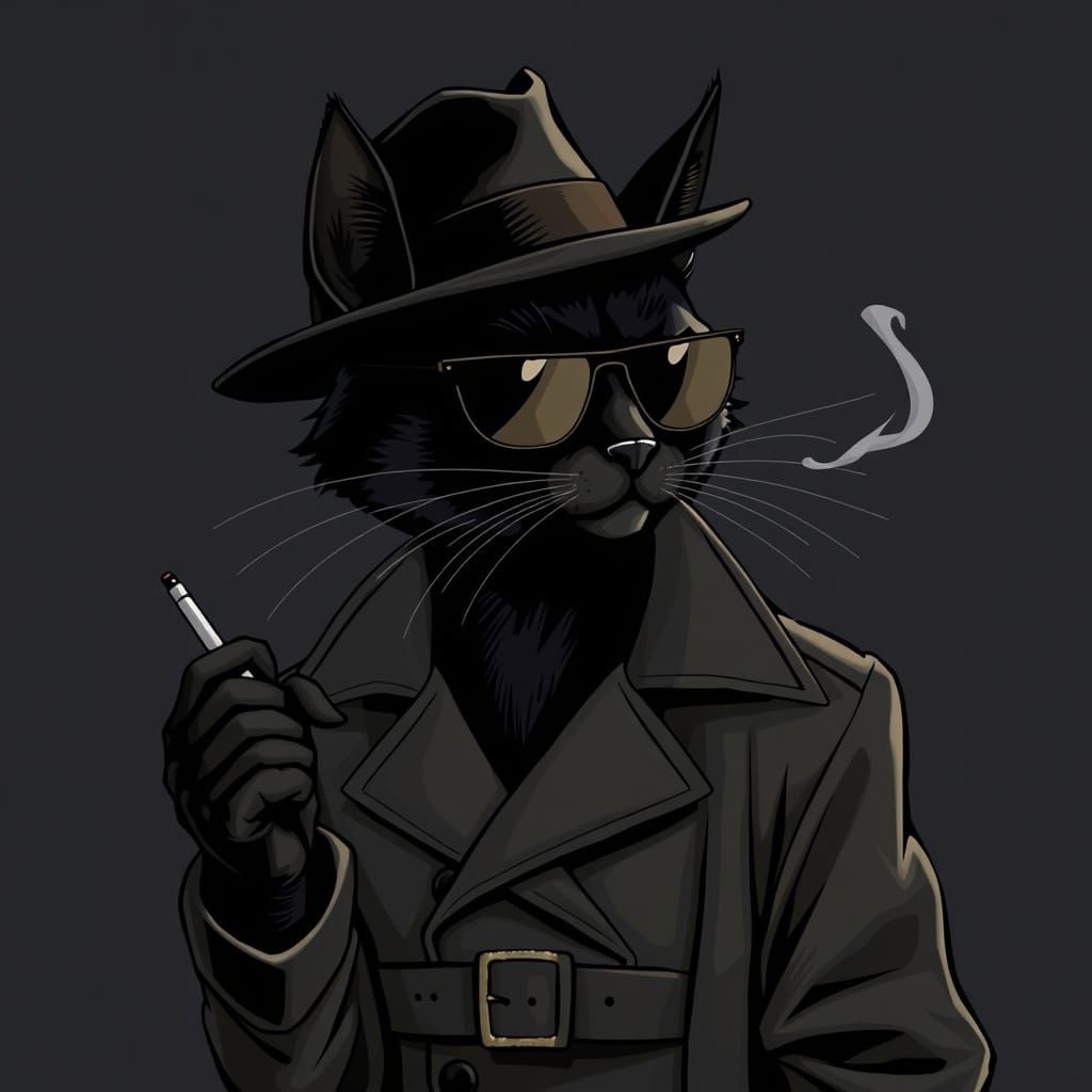 Sleek Noir Cat Smokes in a Fedora